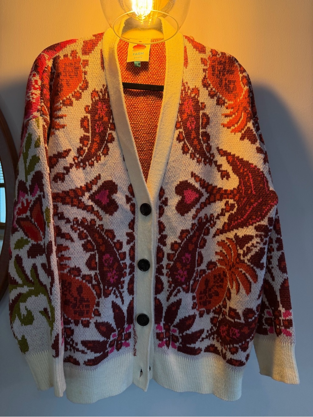 FARM Rio Cream Cardigan with Red, Pink & Orange Floral Jacquard